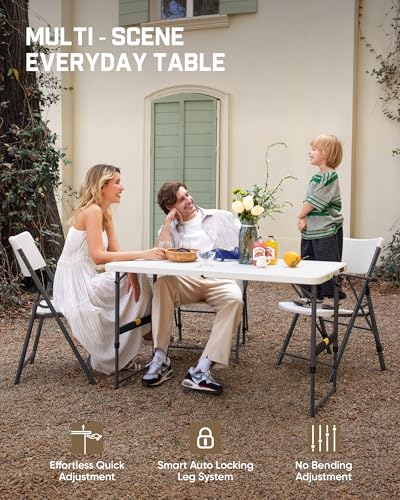 FanttikOutdoor Folding Table 4 Foot Quick Adjust Portable Plastic 4 Heights - color: Granite White