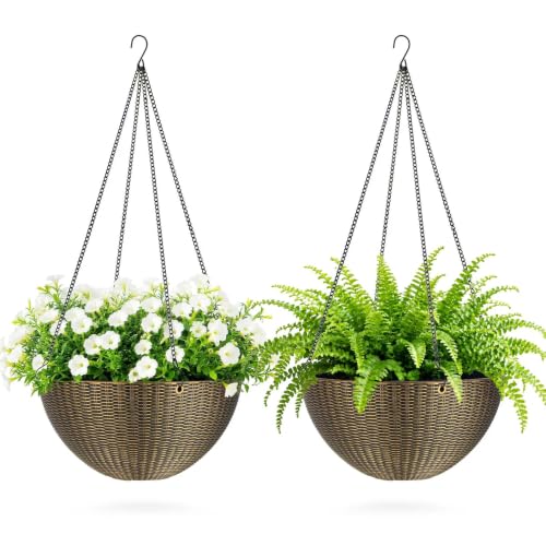 ZMTECH 2 Pack 12 Inch Rattan-Look Hanging Planter Baskets for Indoor Outdoor Plants, Hanging Flower Pots with Drainage Plug & Metal Chain,Hanging Basket for Porch Patio Garden Decor Bronze - color: Bronze