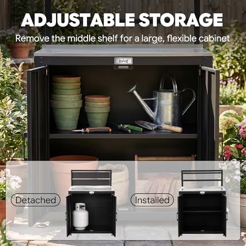 Feasto Outdoor Potting Bench Table with Storage Cabinet, Black - color: Black