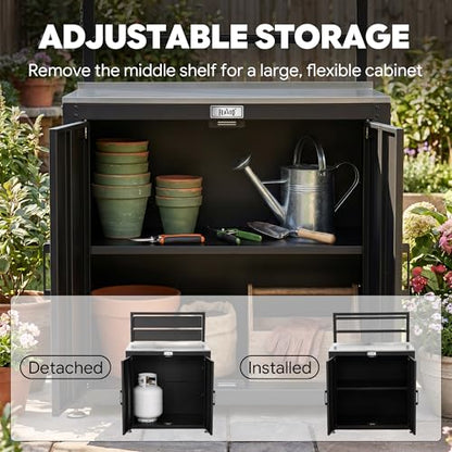 Feasto Outdoor Potting Bench Table with Storage Cabinet, Black - color: Black