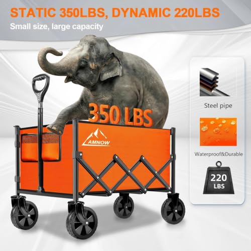 AMNOW 100L Collapsible Wagon Cart with All Terrain Wheels, 350LBS, Orange - color: Bright Orange