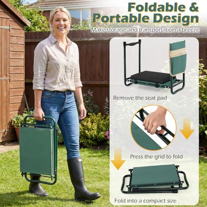 Goplus Foldable Garden Kneeler and Seat, 11" Wide 2-in-1 Gardening Bench, Detachable Thick EVA Foam Pad, 350 lbs Heavy-Duty Metal Frame, Tool Pouch, Portable Stool, Gardening Kit for Seniors (Green) - color: Green, style: With Kneeling Pad