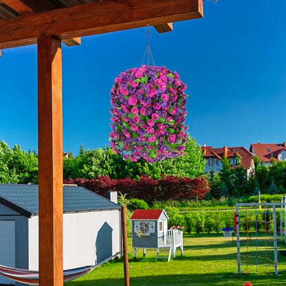Artificial Flowers with Hanging Basket, Outdoor Faux Plants UV Resistant - color: Purple Red Violet