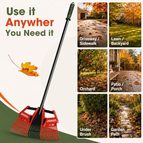 3-in-1 Leaf Rake for Lawns, 44"-72" Adjustable Handle