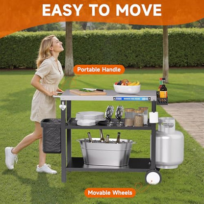 Grill Table, Stainless Steel Grill Cart with Three-Shelf, Movable Pizza Oven Table with Side Tray ＆ Trash Bag Holder, Outdoor Grill Stand with Hooks for Food Prep, Outside Tailgating, Camping - color: Stainless