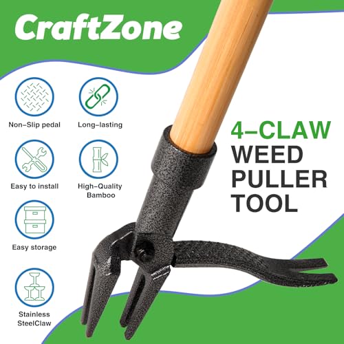 Weed Puller Stand Up Weed Puller Tool with Wooden Long Handle Foot Platform Design 4-Claw Steel Head & Removable 3-Section Pole Garden Tools-Easily Remove Weeds Without Bending or Kneeling