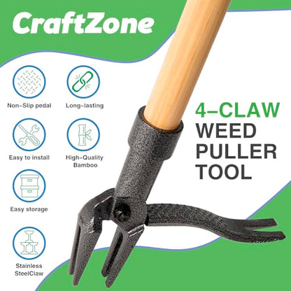 Weed Puller Stand Up Weed Puller Tool with Wooden Long Handle Foot Platform Design 4-Claw Steel Head & Removable 3-Section Pole Garden Tools-Easily Remove Weeds Without Bending or Kneeling