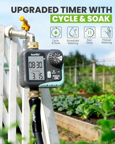RAINPOINT Sprinkler Timer for Garden Hose - Hose Timer with Cycle & Soak/Rain Delay/Automatic Watering/Manual Watering, Programmable Irrigation System with Large Display for Lawn, Yard, Brass Inlet - color: Mint Green