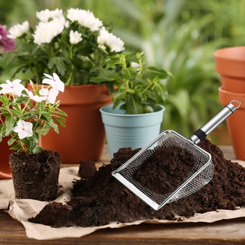 M METERXITY 1-Pack Gardening Soil Sifter, 4.3 mm Mesh Stainless Steel Sand Soil Compost Sieve with Stainless Steel Handle for Sand/Dirt/Rock Compost, Screen Potting Scoop [Silver Tone] - size: 4.3 mm