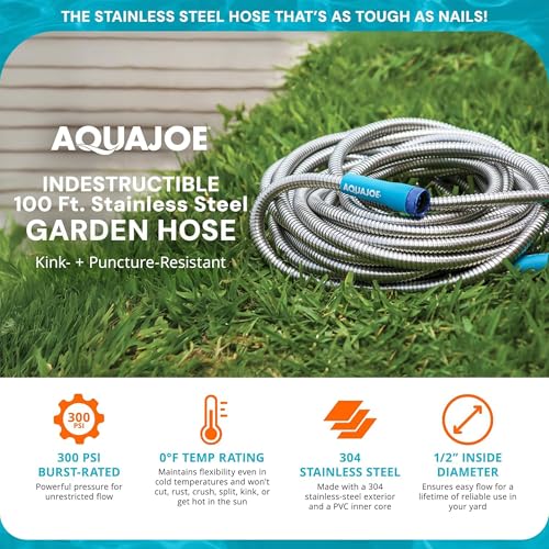 Aqua Joe AJSGH100 1/2-Inch Heavy-Duty, Puncture Proof Kink-Free, Spiral Constructed 304-Stainless Steel Metal, Garden Hose, 100-Foot - style: Aluminum Fitting