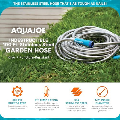 Aqua Joe AJSGH100 1/2-Inch Heavy-Duty, Puncture Proof Kink-Free, Spiral Constructed 304-Stainless Steel Metal, Garden Hose, 100-Foot - style: Aluminum Fitting