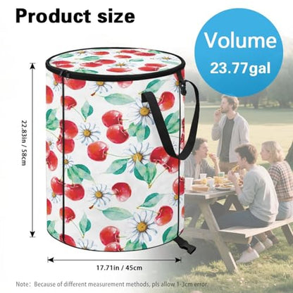 BIGCARJOB Daisy Cherry Foldable Trash Can Outside Waste Basket Bin Water Resistant Garbage Bag Recycling Bin Trash Can with Lid and Clip(23 Gallons), 22.83x17.71 in - color: Daisy Cherry
