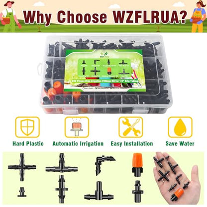 250-Piece Drip Irrigation Fittings Kit for 1/4" Tubing, Complete Set of Barbed Connectors for Drip System Setup (Nozzles, Nozzle Tees, Single Barbs, Couplings, Tees, Elbows, Plugs, Crosses) - size: 1/4" Fittings with Box-250P