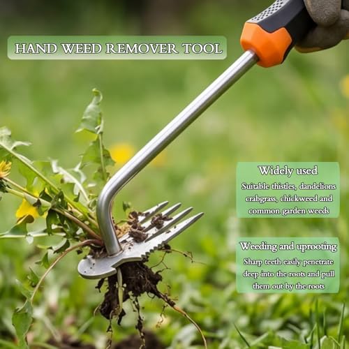 1 Pack Manual Garden Weeder Tool, Stainless Steel Weed Puller, Anti-Slip Rubber Handle Weed Remover for Lawn, Yard, Flower Beds & Outdoor Gardening