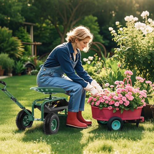 Garden Seat with Wheels, Rolling Stool with Extendable Handle, Storage Basket & Tool Tray, Garden Scooter with 360 Degree Swivel Seat for Outdoor & Yard (Green) - color: Green
