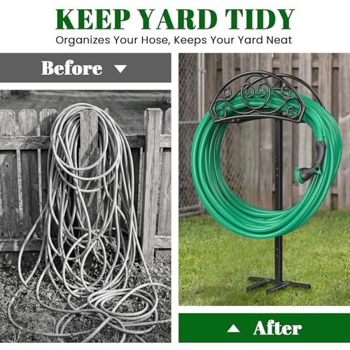 Sunvigor Garden Hose Holder, Heavy Duty Metal Hose Stand with 4 Spikes, Holds Up to 150FT Hose, No Drill Freestanding Hose Reel Alternative for Yard Lawn Outdoor