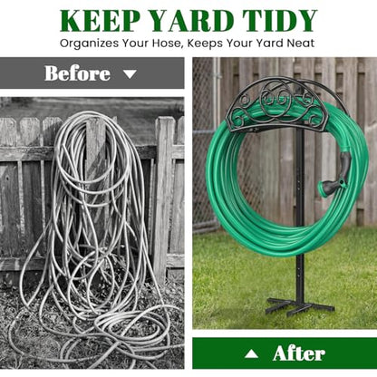 Sunvigor Garden Hose Holder, Heavy Duty Metal Hose Stand with 4 Spikes, Holds Up to 150FT Hose, No Drill Freestanding Hose Reel Alternative for Yard Lawn Outdoor