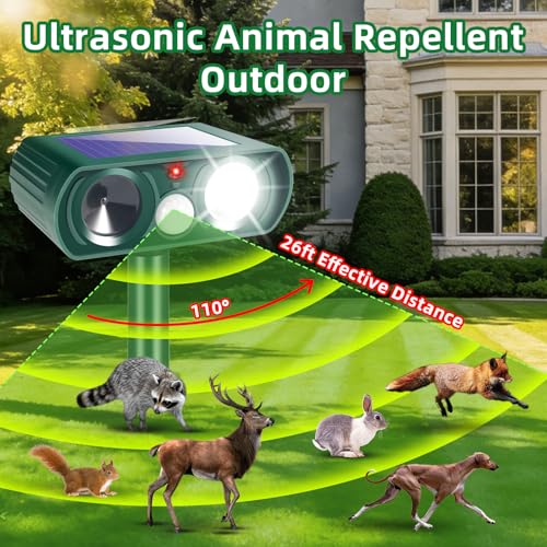 2026 Sonic Fortress Pro Deer Repellent for Plants,4 Pcs Cat Repellent Outdoor Motion Sensor Solar Animal Repellent Ultrasonic Outdoor for Squirrel Rabbit Skunk Racoon Fox Strobe Light,IP65 Waterproof
