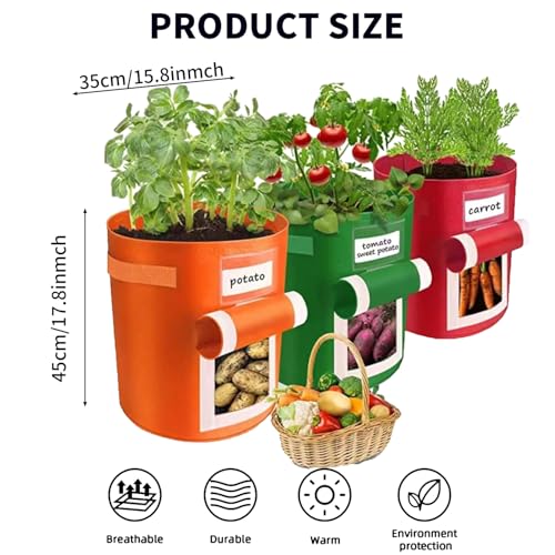 3 Pack 10 Gallon Potato Grow Bags with Handles & Harvest Window - Planting Bags for Potato,Tomat o,Vegetables,Garden Pots,Orange,Green,Red