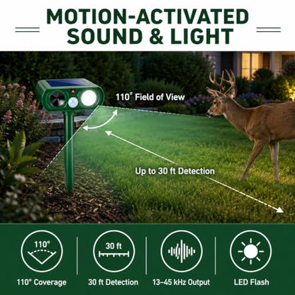 Solar Animal Repellent Outdoor Sonic Fortress Pro Deer Repellent Devices,Waterproof Ultrasonic Deterrent with Motion Activated & Light for Cat Raccoon Rabbit Fox Deterrent for Chicken Coop Yard,2 Pack