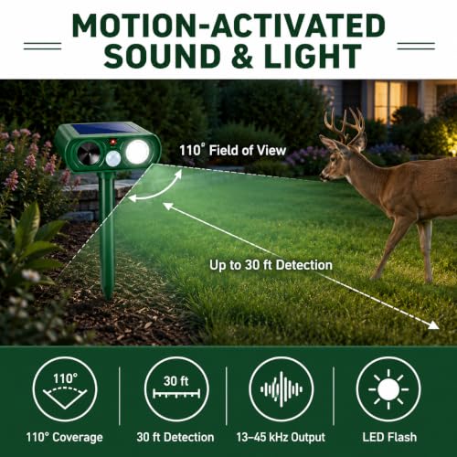 Solar Animal Repellent Outdoor Sonic Fortress Pro Deer Repellent Devices,Waterproof Ultrasonic Deterrent with Motion Activated & Light for Cat Raccoon Rabbit Fox Deterrent for Chicken Coop Yard,2 Pack