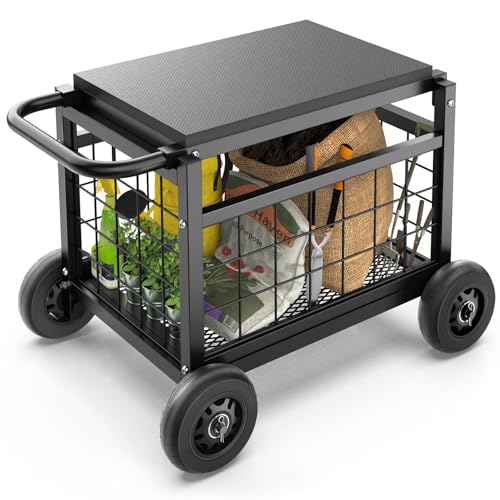 Garden Cart with Seat,3-in-1 Rolling Seat with Wheels for Gardening Seniors - color: Black, size: Large