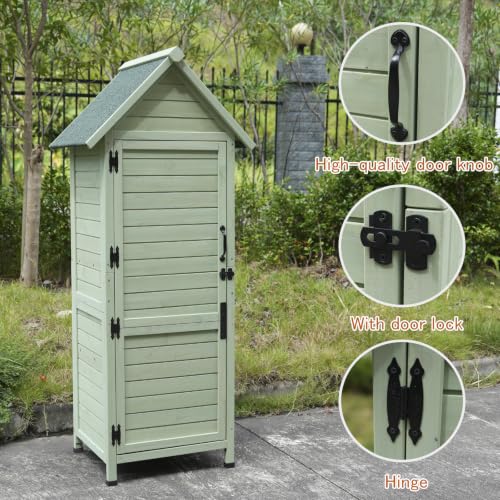 SUHPETNSOutdoor Wooden Storage Shed with Safety Latch & Adjustable Shelves, Weather‑Resistant Garden Tool Cabinet, Patio Storage Organizer (Light Green)