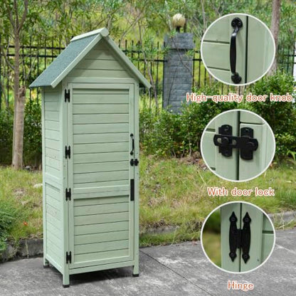 SUHPETNSOutdoor Wooden Storage Shed with Safety Latch & Adjustable Shelves, Weather‑Resistant Garden Tool Cabinet, Patio Storage Organizer (Light Green)