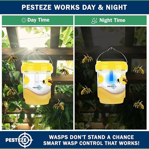 PESTEZE USA Reusable Solar Hanging Wasp Trap with LED Light [Yellow: 3.5 x 4.4 Inch] Attracts, & Kills Wasp, Hornet, Yellow Jacket & Insect Species 24/7 Without Harsh Chemicals Waterproof Outdoor Trap