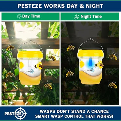 PESTEZE USA Reusable Solar Hanging Wasp Trap with LED Light [Yellow: 3.5 x 4.4 Inch] Attracts, & Kills Wasp, Hornet, Yellow Jacket & Insect Species 24/7 Without Harsh Chemicals Waterproof Outdoor Trap