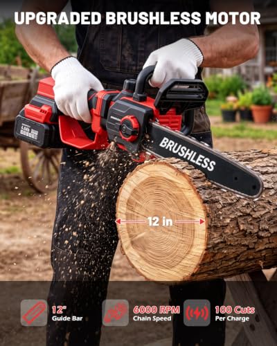 12 Inch Cordless Pole Saw Battery Powered Chainsaw, Electric Chain Saw - color: Light Red