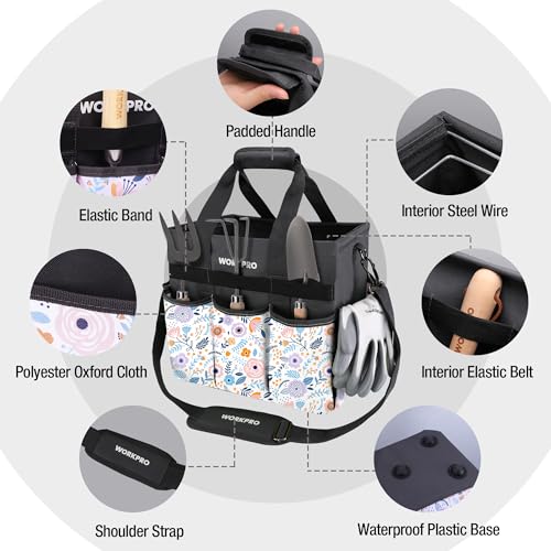WORKPRO Garden Tool Bag, 10 Pockets and Shoulder Strap, Floral White - color: Floral White