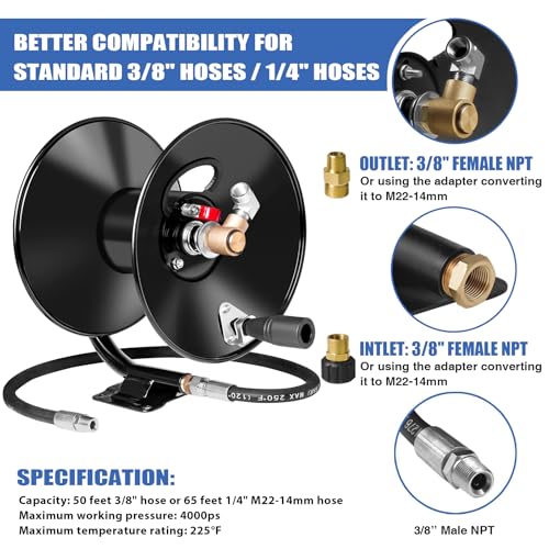 MEKOH Compact Pressure Washer Hose Reel 50ftx3/8” / 65ftx1/4”, 4000PSI