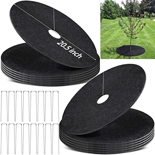 12-Pack Non-Woven Tree Mulch, 20.5 Inch Weed Control Mat with 16 Staples, Reusable Tree Protector for Grass and Pets - color: Black 20IN