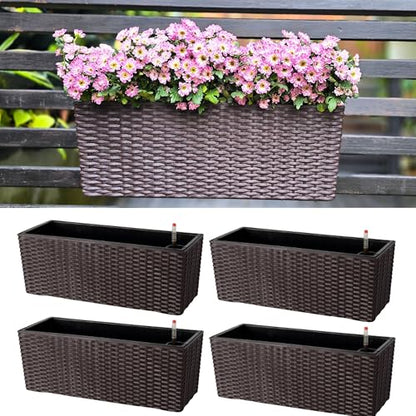LaLaGreen Deck Railing Planter Box (20 Inch, 4 Pack) Brown Rectangular Window Flower Boxes with Bracket, Self Watering System Hanging Planter Box for Outdoor Plant Container Herb Rail Fence Balcony - color: Brown X 4