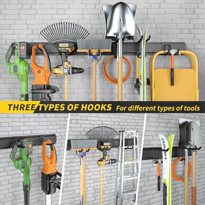 UUP 48" Garage Tool Organizer Wall Mount, 440lbs Garden Garage Storage Garage Organization with Adjustable Heavy Duty Hanging Hooks, Yard Rack Hanger System Shovel Rake Broom Ladder Holder, Men Gift - size: 48" with 3 Panels & 7 Hooks