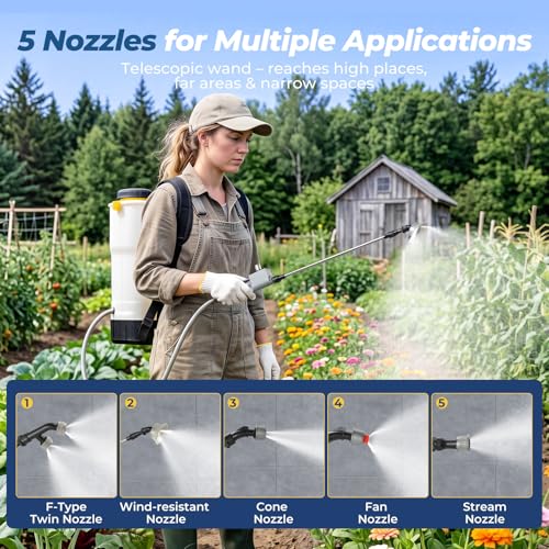 Battery Powered Backpack Sprayer 4.8 Gallon, 120 PSI Fingertip Pressure Control, Electric Weed Sprayer with 4.0Ah Battery & Charger, Telescopic Wand & 5 Nozzles for Lawn, Garden, Yard, Weed Killer