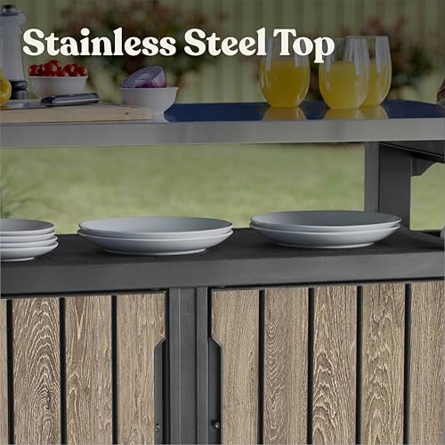 Keter Unity XL Outdoor Entertainment Cart with Wood‑Look Finish, 78‑Gallon Patio Storage Cabinet, Food Prep Station, Stainless‑Steel Top for BBQ, Grill, Patio, Deck & Backyard, Ashwood - color: Ashwood