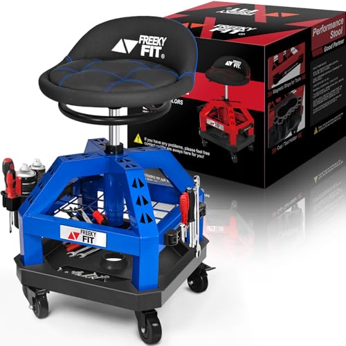 Rolling Shop Stool for Garage with Casters, DO02-Adjustable Height 360° Swivel Shop Seat with Tool Tray Storage, 330 LBS Capacity Padded Mechanic Stool, Magnetic Tool Hold, Heavy Duty, Blue - color: Blue With Magnetic Tool Hold
