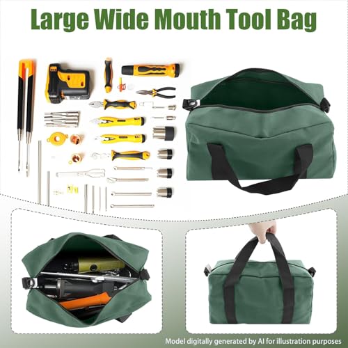 Small Tool Bag, Close Top Wide Mouth Tool Organizer Bag, Large Tool Bags - color: DarkGreen, size: 14 Inch