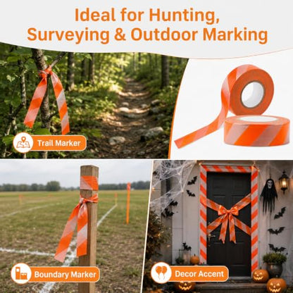 Notoke 2 Rolls Flagging Tape with Orange Silver Stripes, 1 inch x 300ft Non Adhesive PVC Marking Ribbon Surveyors Tape for Hunting Trail Boundaries Hazardous Areas Marking Halloween Party Decors