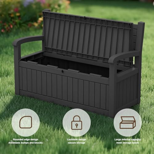EasyUp 100 Gallon Wood-Grain Storage Bench, Waterproof & Lockable，Black - color: Black, size: 100 Gallon