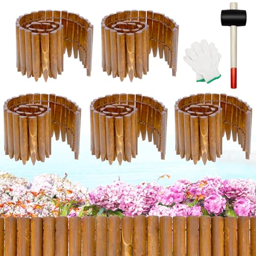 Hicarer 5 Pcs Wood Garden Edging Fence Border, 8" H x 47" L for Each, Wooden Solid Log Landscape Border, Short Decorative Flower Bed Barriers with Gloves & Hammer for Tree Lawn Yard(Light Wood Color) - color: Light Wood Color