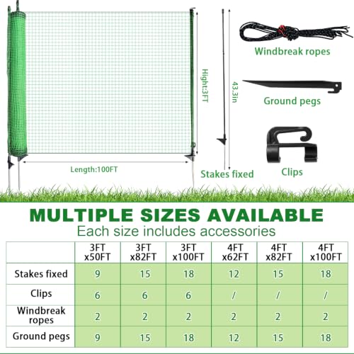 3*100ft Temporary Fence with Posts,Animal Barrier Dog Portable Fencing with Fiberglass Stake Windbreak Rope, Safety Snow Plastic Netting Roll for Garden Backyard Outdoor for Chickens or Other Animals - size: 3*100Ft