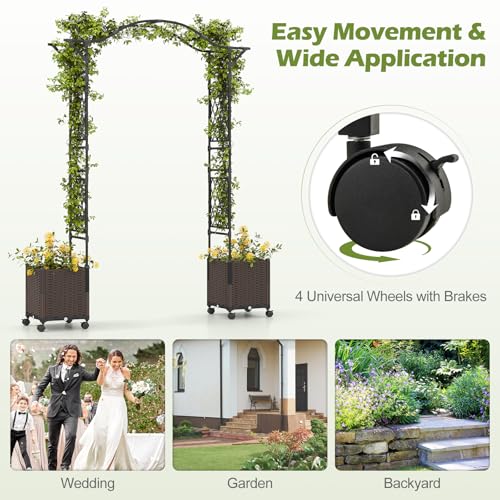 IRONMAX 8.2FT Metal Garden Arch with Planters, Arbor for Climbing Plants - size: 82" x 16" x 99"
