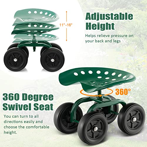 ERGOMASTER Garden Seat with Wheels, Adjustable Height & 360° Swivel, Iron Frame, Green - color: Green