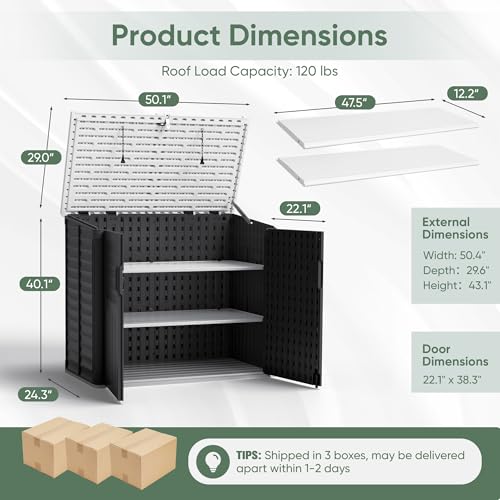 Devoko Resin Outdoor Storage Shed, 34 Cu Ft Outdoor Storage Cabinet with Shelf, Waterproof, Double Locks, Resin Storage for Trash Can, Garden Tools, Pool Supplies (Black) - color: Black, size: Storage shed with shelves