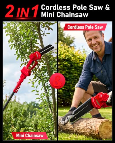 Electric Pole Saw 6“ Mini Chainsaw Cordless Brushless 4.0Ah Batteries Fast Charger Telescopic Power Pole Saw Tree Trimmer Limb Branch Cutter Pruner 16 Ft Max Reach Multi-Angle Red - color: Red-1 Battery