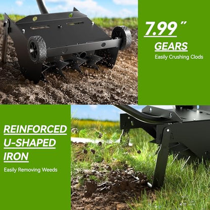 Lineware 9-Inch Lawn Aerator with Steel Handle,Heavy Duty Push Spike Aerator with 2 Wheels,Aerator Lawn Tool, Manual Aerator Lawn Tool with Foam Armrests, Suitable for Lawn, Garden and Yard