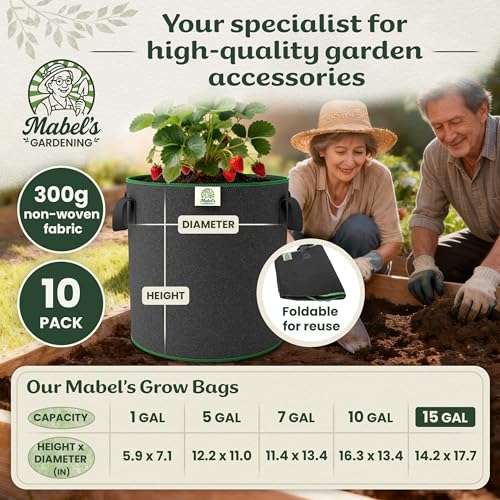 Mabel's Gardening 10-Pack 15 Gallon Grow Bags - Garden Planting Bags 17.7 x 14.2 INCH Made of 8.85 oz/yd² (300g/m²) Felt & Fleece Fabric Plant Pot, Plant Bag, Grow Bag for Pumpkin Potato Tomato - color: 10-pack, size: 15 Gallon